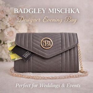 Badgley Mischka Gray Quilted Crossbody Clutch Gold Chain Evening Bag NWT